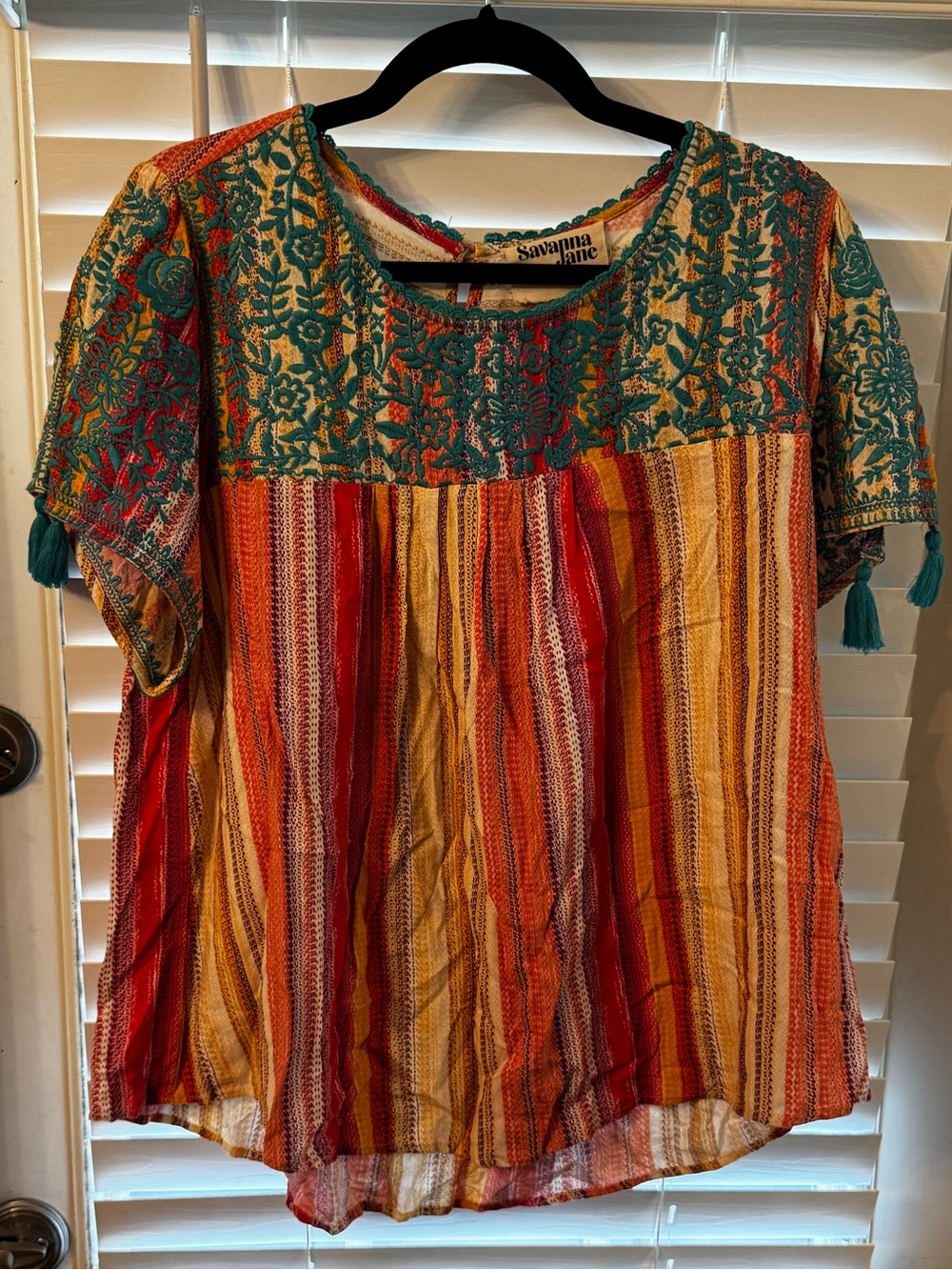 Savanna Jane Multicolor Stripe & Teal Embroidered Boho Top